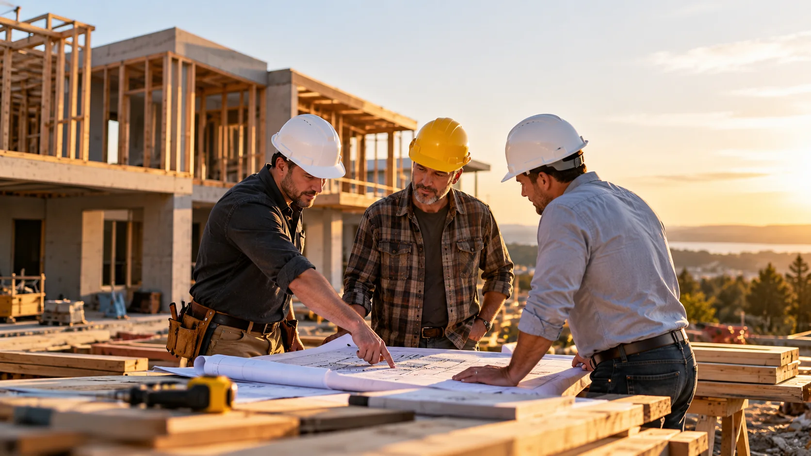 Three general contractors in hard hats reviewing building blueprints together at a residential construction site during sunset